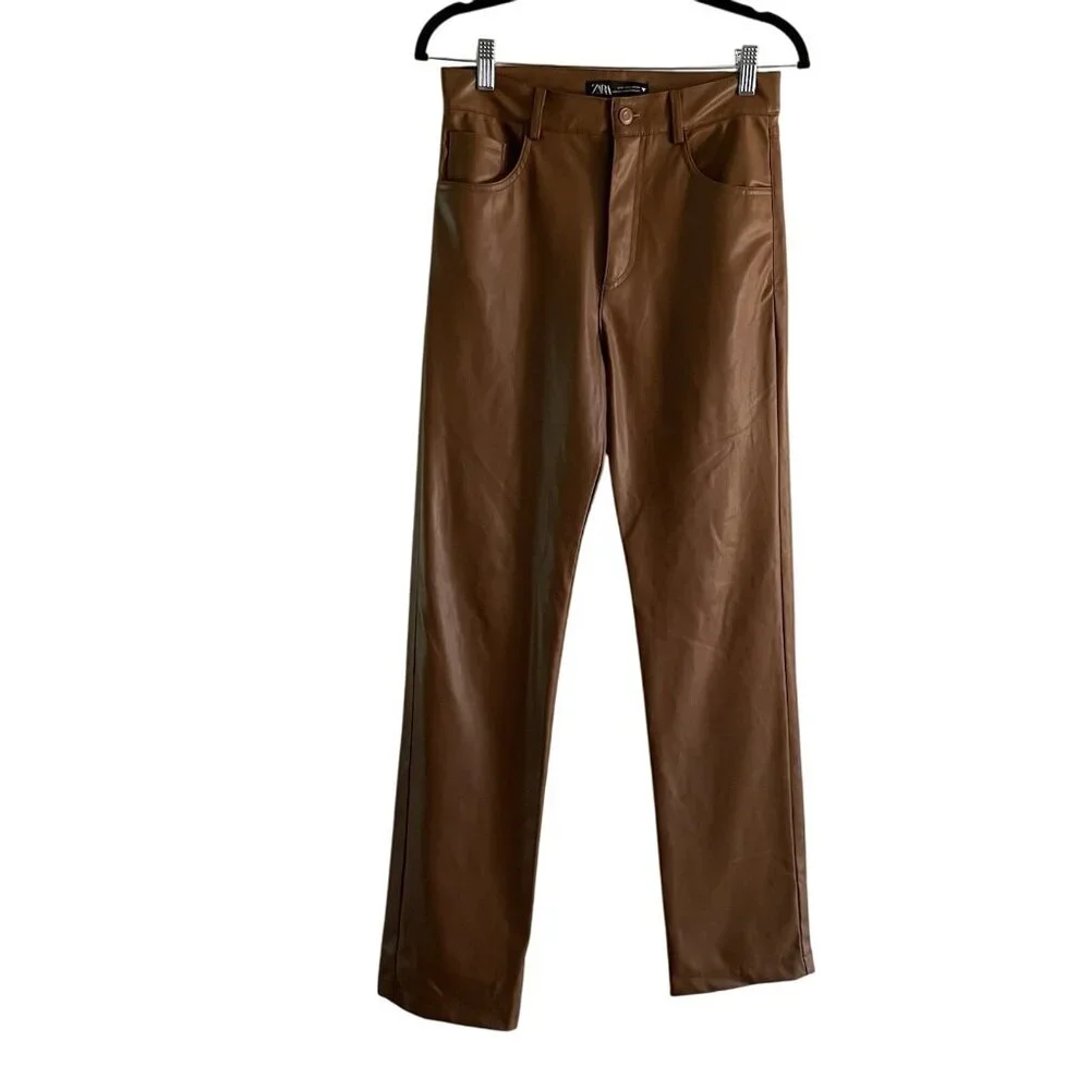 Zara Women S Caramel Brown Faux Leather 90s High-Rise Straight Leg Pants